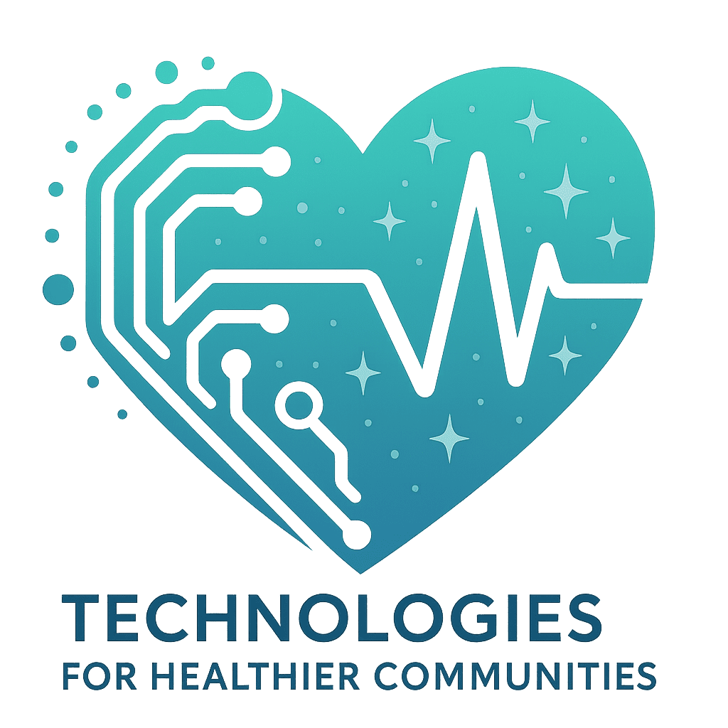 logo with heart, EKG tracing, and circuit lines indicating the fusion of healthcare and technology